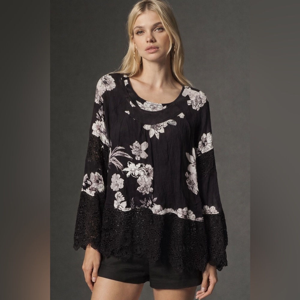 Curations Black White Floral Flowy Crochet Lace Sleeve Top Blouse Shirt M